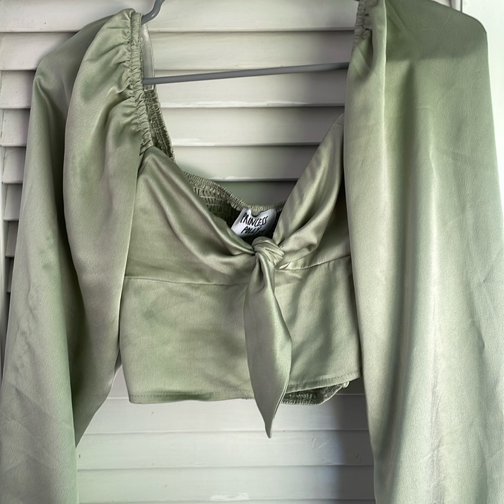Princess Polly Sage Silk tie front puff sleeve top